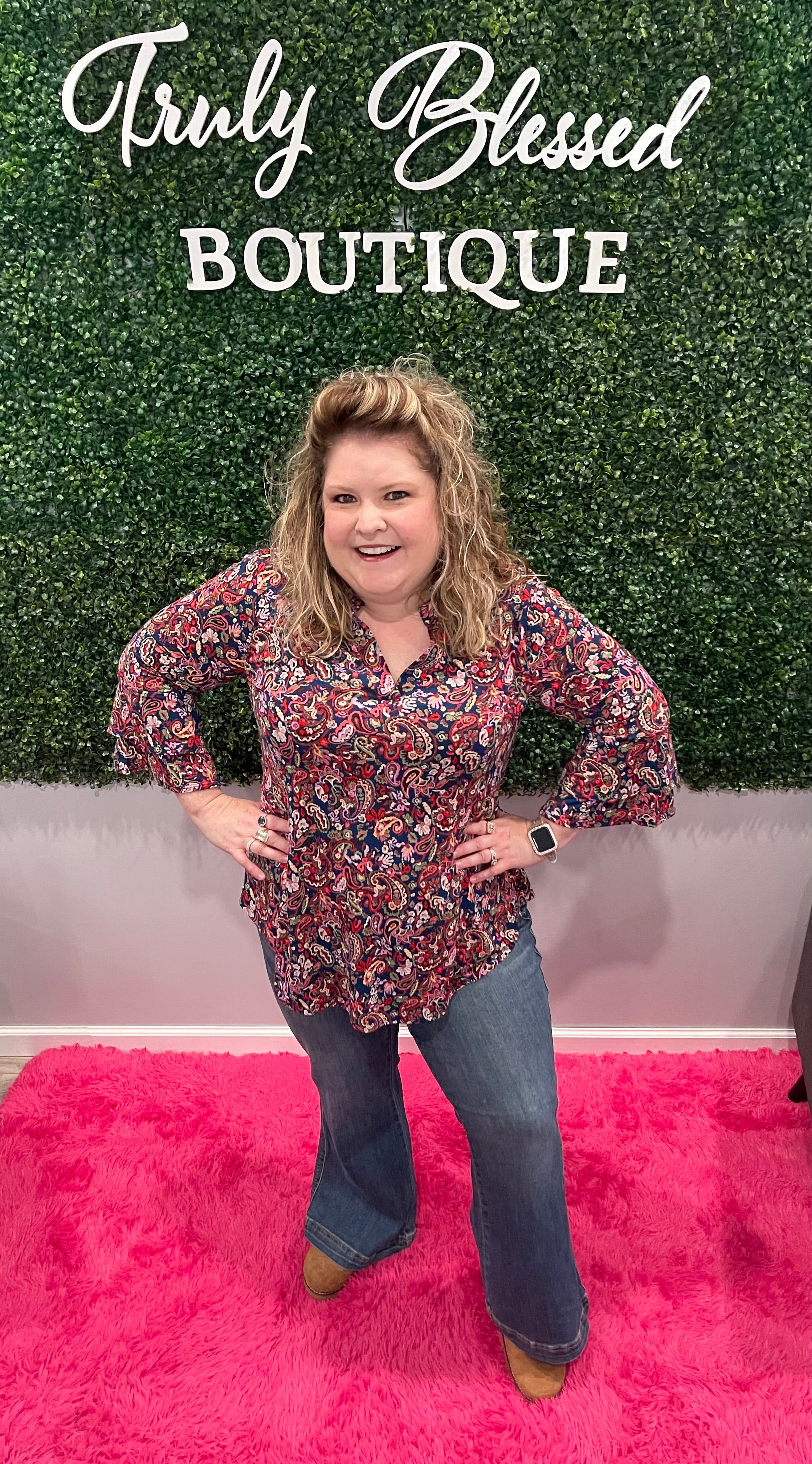 Dear Scarlett Navy Paisley Bell Sleeve top